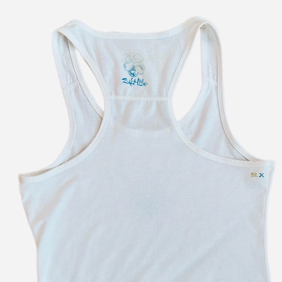 #91 SALT LIFE ~ Women’s White Tank Top with Signature Blue Sun Graphic Design - Picture 8 of 10